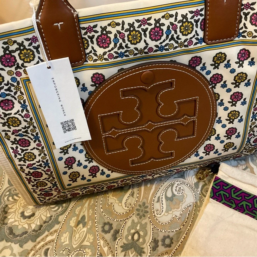 NWT Tory Burch Ella  Printed Tote Ivory Floral Daisy Border Rare